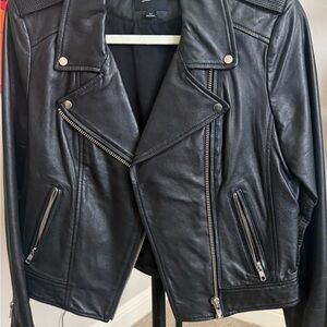 Lamarque Black Leather Biker Jacket with Silver Accents